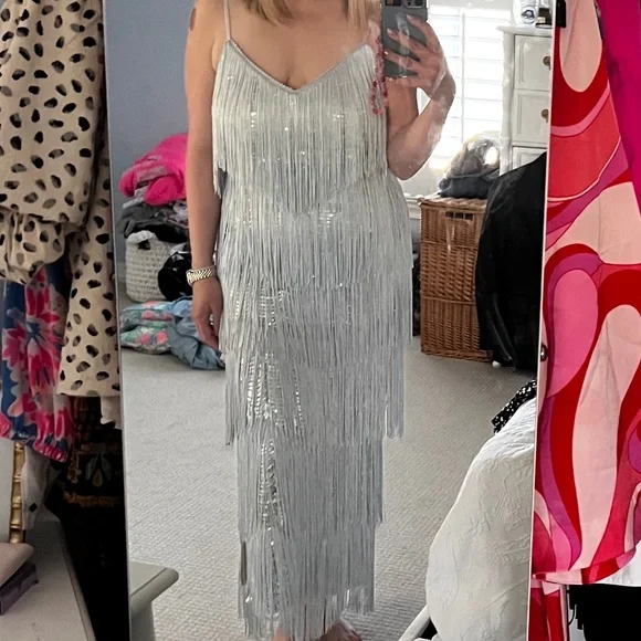 Lulus Get In The Groove Silver Sequin Fringe Bodycon Maxi Dress - Size M - Picture 2 of 2